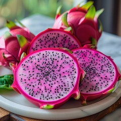 Close-up of sliced dragon fruit on a marble platter, showcasing its vivid magenta and white contrast with black seeds.
