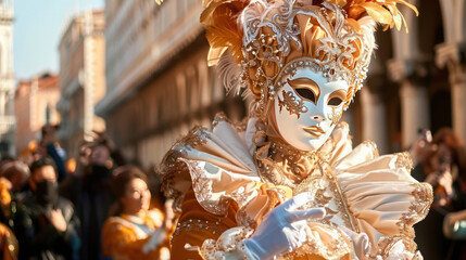 Venetian Carnival Masked Performer in Golden Attire Surrounded by Festive Crowd