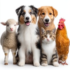 Obraz premium A Group of Diverse Farm Animals Posing Together on a White Background, Including Dogs, a Cat, a Sheep, and a Rooster