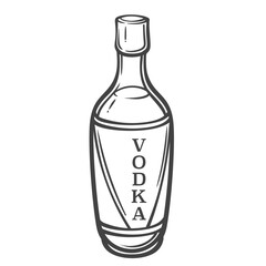 Vodka bottle with cap and vertical label in doodle outline style, hand drawn with bold lines. Alcohol drink element for menu, packaging, decor, or branding. Vector illustration.
