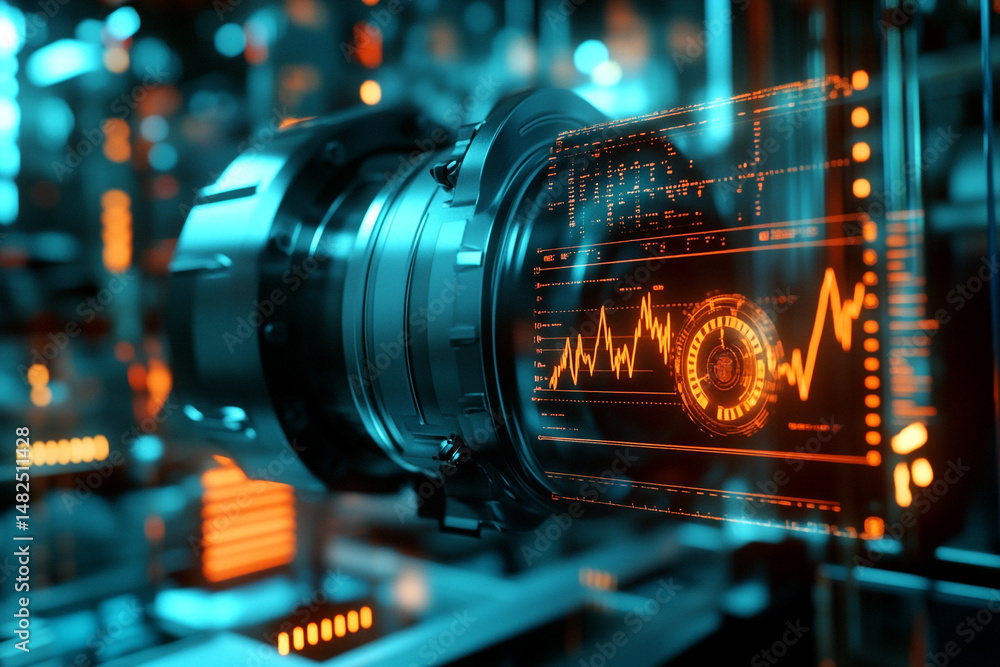 Poster futuristic device displays data graphs and charts in vibrant orange and teal