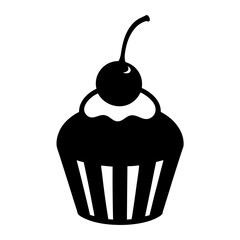 Silhouette of a delicious cupcake with cherry topping on a white background