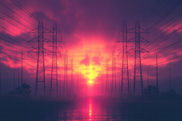 Electric towers at sunset reflecting in water a hazy pink sky