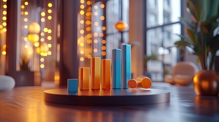 3D financial graph with orange and blue bars on a table, set against a modern business backdrop. 