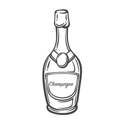 Champagne bottle with decorative label and foil top in doodle outline style. Hand drawn alcohol drink element. Vector illustration for celebration design, menu, or packaging.