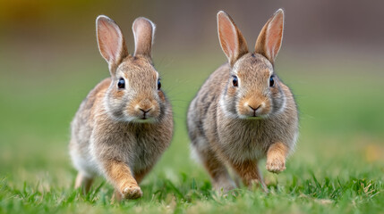 Fototapeta premium Playful rabbits chasing each other in a sunny meadow