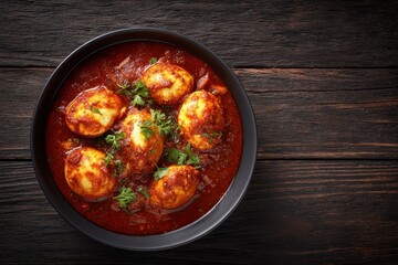 Spicy Egg Curry: Rich, Reddish-Brown Stew in a Rustic Bowl