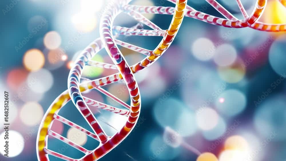 Poster futuristic dna strand with glowing helix on abstract bokeh background.