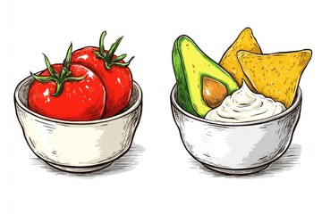 Tasty Tomatoes  Avocado Snack Sketch Bowls on White.