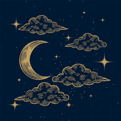 Starry magic night sky background. Bright golden moon, stars, clouds and constellations wallpaper. Space backdrop. Dark Sky with shiny stars. Vector Illustration.