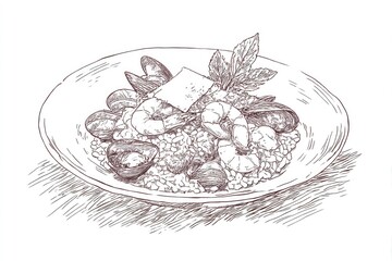 Seafood Risotto Sketch Artistic Culinary Delight with Mussels, Shrimp, Basil, and Plate.