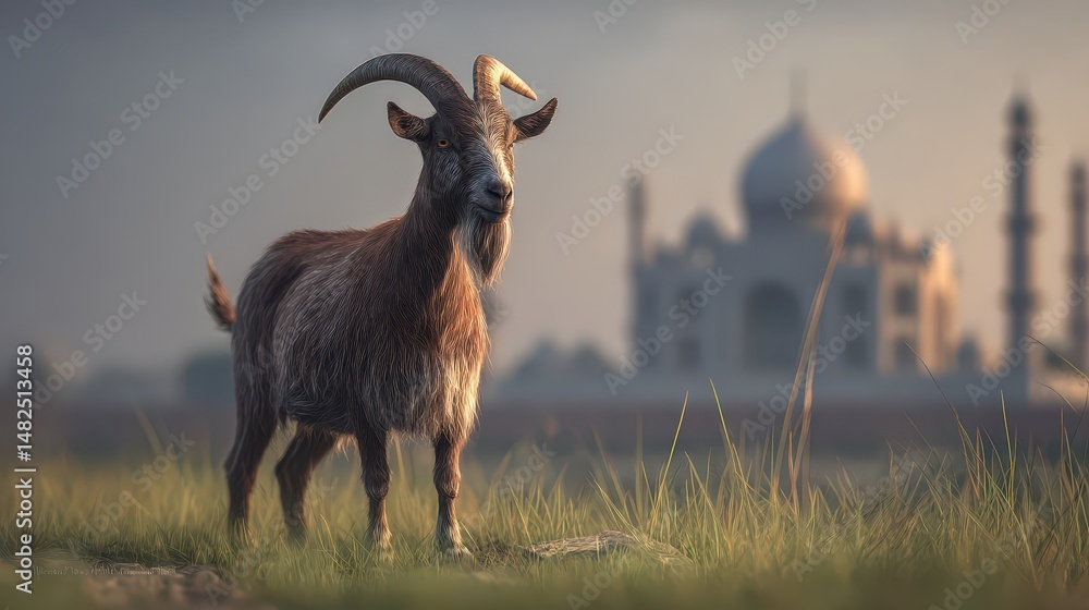 Poster goat standing in a field with a distant mosque.