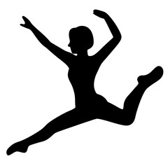 Silhouette of a young woman in a dynamic dance pose midleap