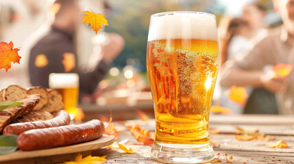 Crisp Autumn Day with Beer, Sausages, Cookies and Falling Leaves in Outdoor Setting with Warm Atmosphere and Gathered Friends