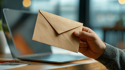 Hand holding mail envelope near laptop for business communication and postal service concept image design 