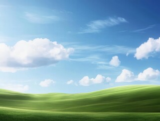 Obraz premium A serene landscape with rolling green hills under a blue sky with scattered clouds
