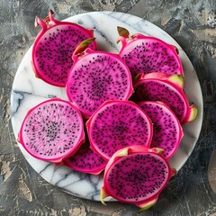 Close-up of sliced dragon fruit on a marble platter, showcasing its vivid magenta and white contrast with black seeds.