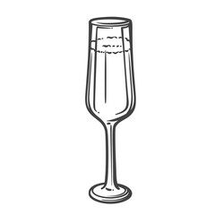 Tall champagne flute with bubbles in doodle outline style. Hand drawn alcohol drink element. Vector illustration for celebration menu, toast, or party design.