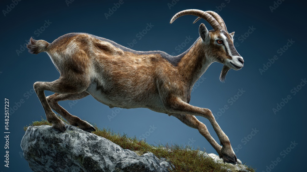 Poster digital rendering of a goat in dynamic motion on a rock face.