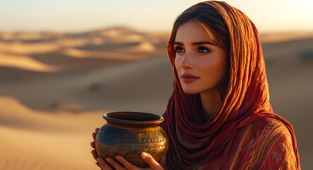 Woman holding ceramic jar with desert landscape background. Samaritan woman from bible times concept for religion themed greeting card and scripture study visual aid.