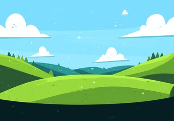 Fototapeta premium A serene landscape with rolling green hills under a blue sky with fluffy clouds