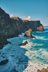 Rocky Coast of Madeira with Powerful Ocean Waves. Nature's raw beauty. Landscapes and endless sea...