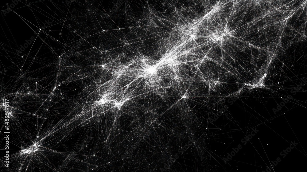 Poster abstract white lines and dots forming a complex network on a black background.
