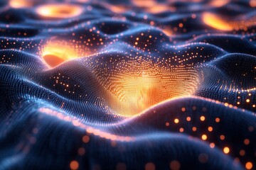 Fototapeta premium Abstract glowing digital landscape with vibrant orange and blue patterns.