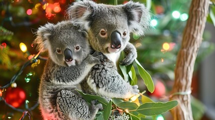 Obraz premium Festive Koalas: A Heartwarming Christmas Celebration – Adorable Eucalyptus-Loving Marsupials in Holiday Cheer, Wearing Santa Hats & Decorating Trees for a Whimsical Wildlife Holiday Scene