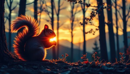 squirrel with detailed forest silhouette at sunset highlighting wildlife harmony for nature themed product branding eco packaging and outdoor lifestyle promotions