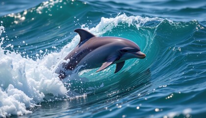 dolphin swimming through colorful swirling ocean waves detailed aquatic scene for ocean conservation marine life branding and travel visuals