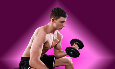 Young Man Working Out in the Gym with Weights. Focused and determined, he lifts during an intense strength training session. Fitness, motivation, and healthy lifestyle