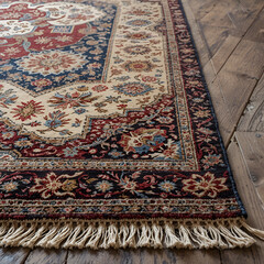Detailed woolen carpet with rich patterns and fringe for home decor