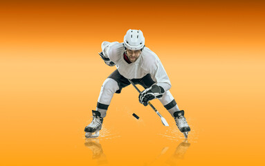 Ice Hockey Players in Action Under Neon Lights. Dynamic pose and intense atmosphere highlight the energy of the sport. Competition, teamwork, modern sports aesthetics..