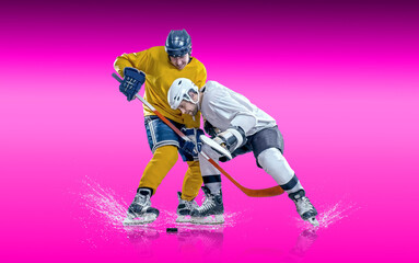 Ice Hockey Players in Action Under Neon Lights. Dynamic pose and intense atmosphere highlight the energy of the sport. Competition, teamwork, modern sports aesthetics..