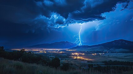 A bright and intense blue lightning strike in the sky 