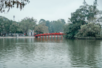 Hoan Kiem Lake Sunrise Bridge in cloudy weather, landmark of Hanoi, Vietnam