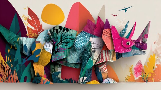 Colorful origami rhino in a vibrant nature scene. - Powered by Adobe
