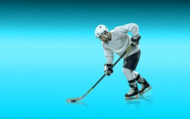Ice Hockey Players in Action Under Neon Lights. Dynamic pose and intense atmosphere highlight the energy of the sport. Competition, teamwork, modern sports aesthetics..