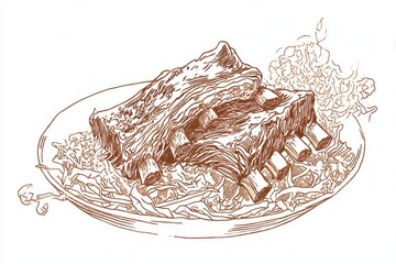 Ribs Illustration BBQ Meat on Cabbage Slaw with HandDrawn, and Detailed.
