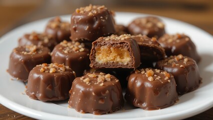 Artfully Arranged Assortment of Decadent Chocolate Caramel Candies on a White Plate