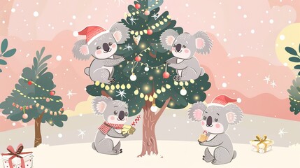 Festive Koalas: A Heartwarming Christmas Celebration – Adorable Eucalyptus-Loving Marsupials in Holiday Cheer, Wearing Santa Hats & Decorating Trees for a Whimsical Wildlife Holiday Scene