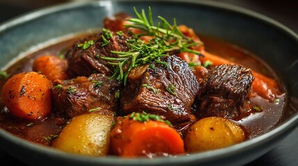 Hearty beef stew with herbs and veggies