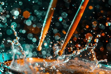 Splashing Water from Drumsticks in Vibrant Colorful Background