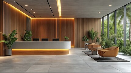 Modern Reception Area with Wood Accents and Lush Greenery