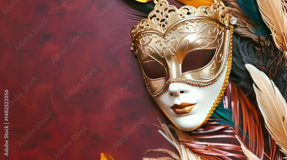 Poster elegant venetian mask displayed with colorful feathers against a rich red background in a festive at