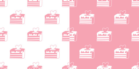 Set of seamless patterns with cake pieces in pink color. Delicate romantic backgrounds with sweet pastries. Dessert with heart decor, print for textile, packaging and bakery design. Vector graphics