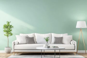 Modern Living Room with White Sofa and Green Wall