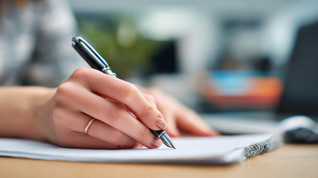 Woman writing with pen on paper close up handwriting calligraphy fountain pen writer author journalist 