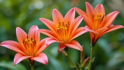 Close Up of Vibrant Orange Lilies Blooming in a Sunlit Garden with Lush Green Background